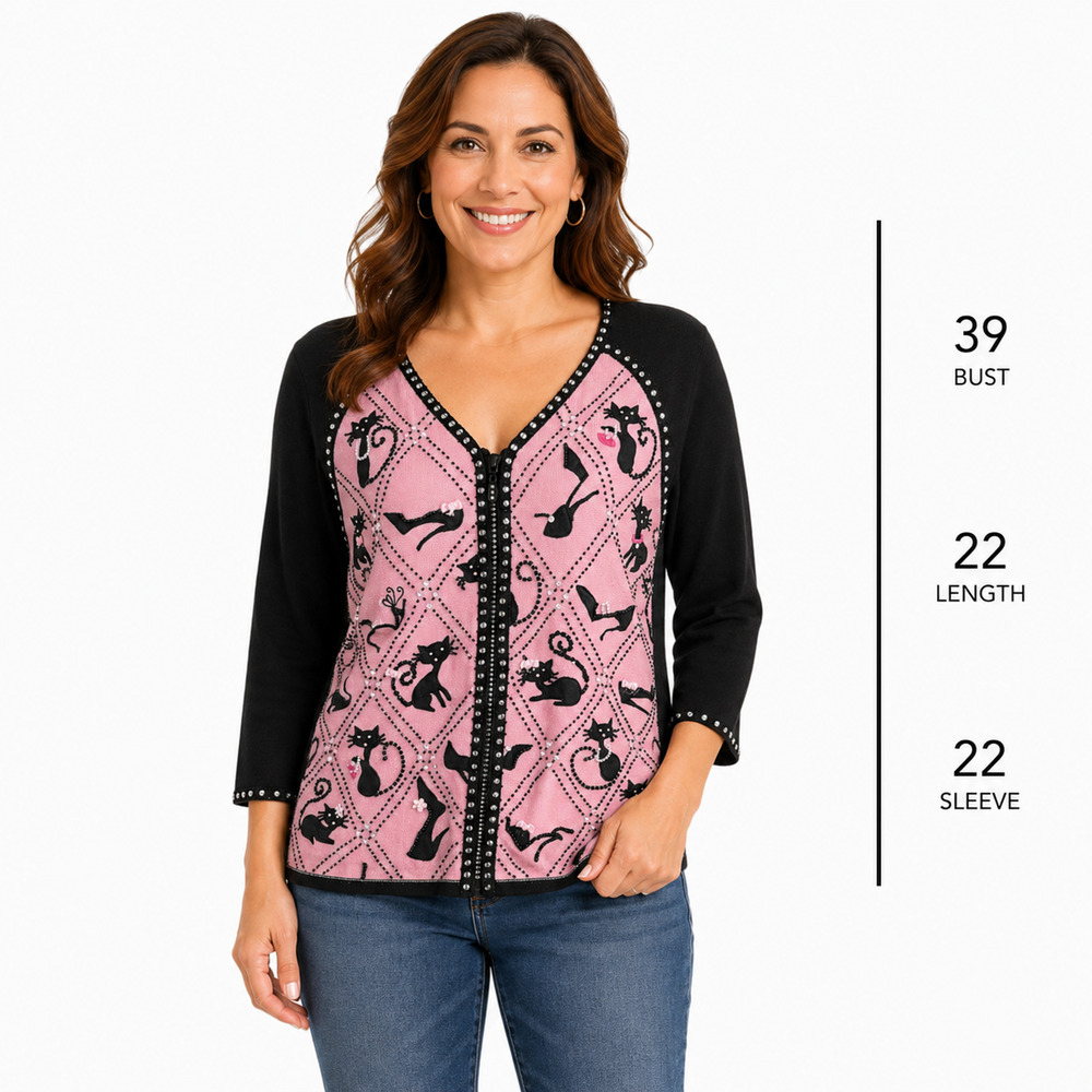 Berek Cat Beaded Pink Black Rhinestone Beaded Pearl Cardigan Sweater Zip Up sz M